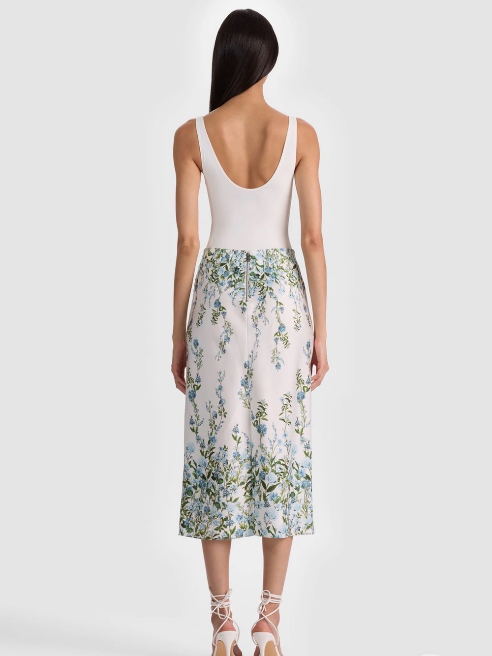 Alice + Olivia White Midi Skirt with Blue and Green Floral Print - Picture 4 of 5